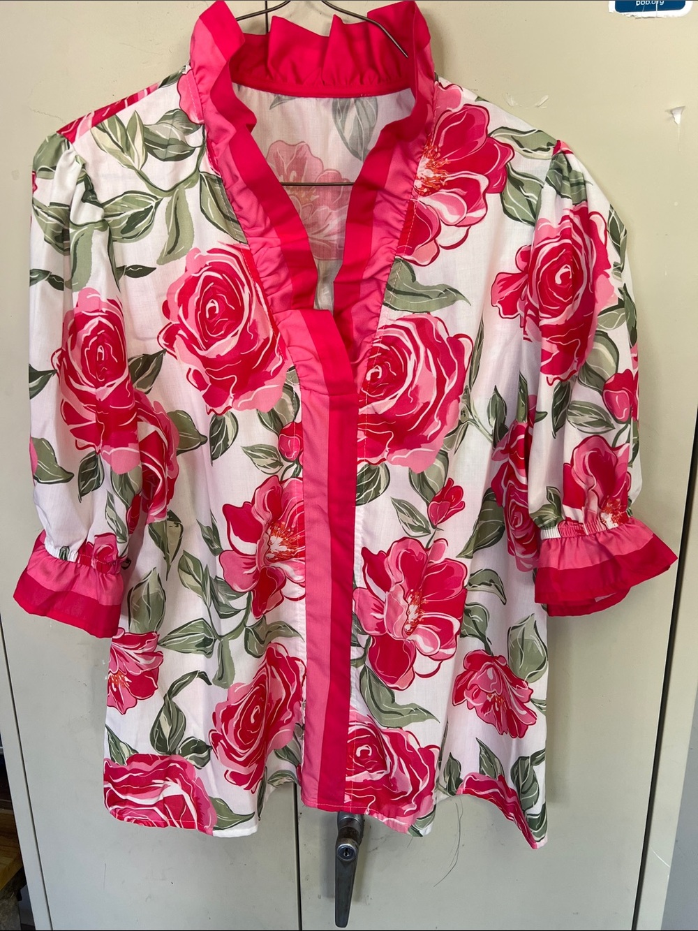 Pink Floral Ruffle Trim Blouse